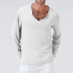 New OUKU Men's Linen Shirt T Shirt Tee Long Sleeve Shirt Long Sleeve V Neck Summer Spring & Fall Striped Vintage Fashion V Neck Work Office / Career Casual Black White Green Top Tee for Men