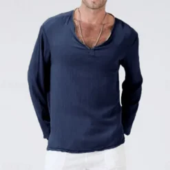 New OUKU Men's Linen Shirt T Shirt Tee Long Sleeve Shirt Long Sleeve V Neck Summer Spring & Fall Striped Vintage Fashion V Neck Work Office / Career Casual Black White Green Top Tee for Men
