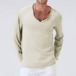 New OUKU Men's Linen Shirt T Shirt Tee Long Sleeve Shirt Long Sleeve V Neck Summer Spring & Fall Striped Vintage Fashion V Neck Work Office / Career Casual Black White Green Top Tee for Men
