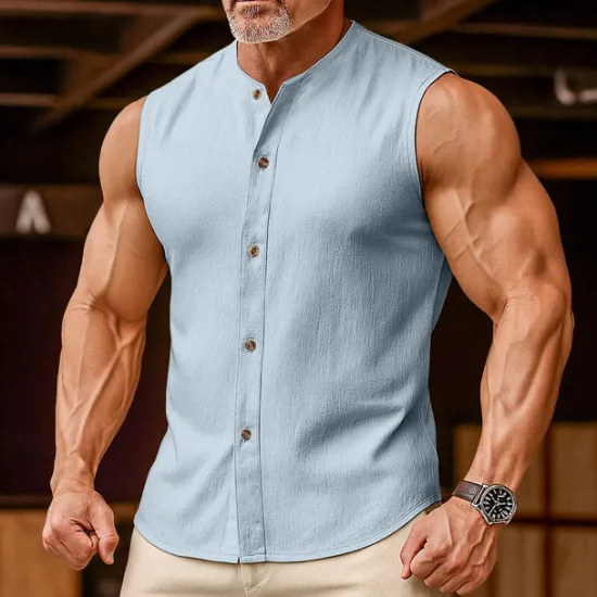 Outlet OUKU Men's Linen Shirt Tank Top Vest Top Undershirt Sleeveless Round Neck Mandarin Collar Summer Spring & Summer Plain Fashion Designer Basic Buttons Button Front Vacation Street Casual Black Pink Wine