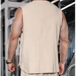 Outlet OUKU Men's Linen Shirt Tank Top Vest Top Undershirt Sleeveless Round Neck Mandarin Collar Summer Spring & Summer Plain Fashion Designer Basic Buttons Button Front Vacation Street Casual Black Pink Wine