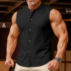 Outlet OUKU Men's Linen Shirt Tank Top Vest Top Undershirt Sleeveless Round Neck Mandarin Collar Summer Spring & Summer Plain Fashion Designer Basic Buttons Button Front Vacation Street Casual Black Pink Wine