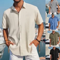 Discount OUKU Men's Linen Shirt Turndown Summer Short Sleeve Black White Blue Plain Casual Daily Clothing Apparel Front Pocket