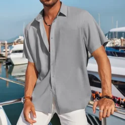 Discount OUKU Men's Linen Shirt Turndown Summer Short Sleeve Black White Blue Plain Casual Daily Clothing Apparel Front Pocket