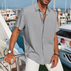 Discount OUKU Men's Linen Shirt Turndown Summer Short Sleeve Black White Blue Plain Casual Daily Clothing Apparel Front Pocket