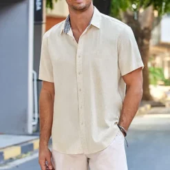 Discount OUKU Men's Linen Shirt Turndown Summer Short Sleeve Black White Blue Plain Casual Daily Clothing Apparel Front Pocket