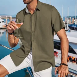 Discount OUKU Men's Linen Shirt Turndown Summer Short Sleeve Black White Blue Plain Casual Daily Clothing Apparel Front Pocket