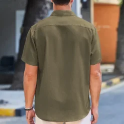 Discount OUKU Men's Linen Shirt Turndown Summer Short Sleeve Black White Blue Plain Casual Daily Clothing Apparel Front Pocket