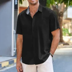 Discount OUKU Men's Linen Shirt Turndown Summer Short Sleeve Black White Blue Plain Casual Daily Clothing Apparel Front Pocket