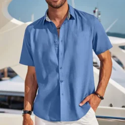Discount OUKU Men's Linen Shirt Turndown Summer Short Sleeve Black White Blue Plain Casual Daily Clothing Apparel Front Pocket