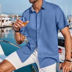 Discount OUKU Men's Linen Shirt Turndown Summer Short Sleeve Black White Blue Plain Casual Daily Clothing Apparel Front Pocket
