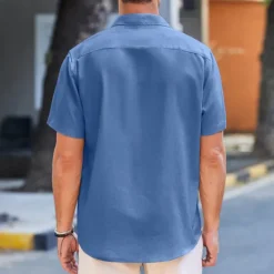 Discount OUKU Men's Linen Shirt Turndown Summer Short Sleeve Black White Blue Plain Casual Daily Clothing Apparel Front Pocket