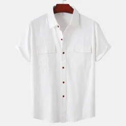 Clearance OUKU Men's Linen Shirt Turndown Summer Short Sleeve Light Pink White Light Green Plain Casual Holiday Clothing Apparel