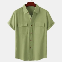 Clearance OUKU Men's Linen Shirt Turndown Summer Short Sleeve Light Pink White Light Green Plain Casual Holiday Clothing Apparel
