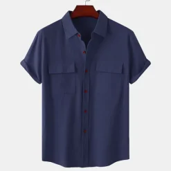 Clearance OUKU Men's Linen Shirt Turndown Summer Short Sleeve Light Pink White Light Green Plain Casual Holiday Clothing Apparel