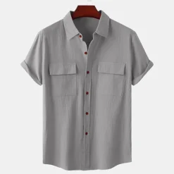 Clearance OUKU Men's Linen Shirt Turndown Summer Short Sleeve Light Pink White Light Green Plain Casual Holiday Clothing Apparel