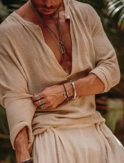 Outlet OUKU Men's Linen Shirt Viking Style Summer Shirt Beach Wear Casual Shirt Plain Vacation Curise White Green Long Sleeve V Neck Spring & Summer Clothing Apparel