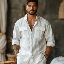 Outlet OUKU Men's Linen Shirt Long Sleeve Fold-over Collar Summer Spring & Fall Clothing Apparel Casual Shirt Button Down Shirt Plain Lapel Summer Casual Daily Clothing Apparel White