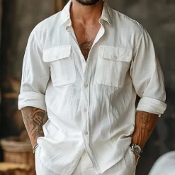 Outlet OUKU Men's Linen Shirt Long Sleeve Fold-over Collar Summer Spring & Fall Clothing Apparel Casual Shirt Button Down Shirt Plain Lapel Summer Casual Daily Clothing Apparel White