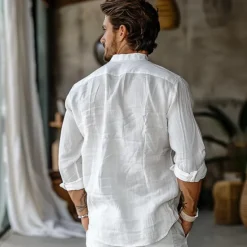 Outlet OUKU Men's Linen Shirt Long Sleeve Fold-over Collar Summer Spring & Fall Clothing Apparel Casual Shirt Button Down Shirt Plain Lapel Summer Casual Daily Clothing Apparel White