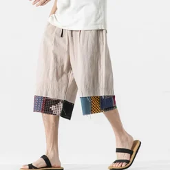 Discount OUKU Men's Linen Shorts Capri Pants Patchwork Drawstring Elastic Waist Plain Comfort Breathable Outdoor Daily Going out Linen / Cotton Blend Fashion Casual Black Dark Blue