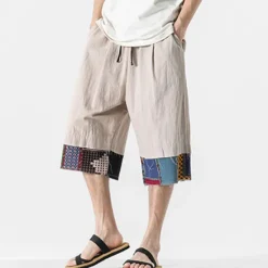 Discount OUKU Men's Linen Shorts Capri Pants Patchwork Drawstring Elastic Waist Plain Comfort Breathable Outdoor Daily Going out Linen / Cotton Blend Fashion Casual Black Dark Blue