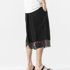 Discount OUKU Men's Linen Shorts Capri Pants Patchwork Drawstring Elastic Waist Plain Comfort Breathable Outdoor Daily Going out Linen / Cotton Blend Fashion Casual Black Dark Blue