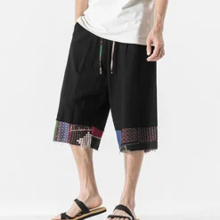 Discount OUKU Men's Linen Shorts Capri Pants Patchwork Drawstring Elastic Waist Plain Comfort Breathable Outdoor Daily Going out Linen / Cotton Blend Fashion Casual Black Dark Blue