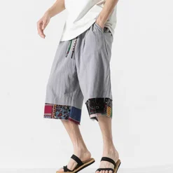 Discount OUKU Men's Linen Shorts Capri Pants Patchwork Drawstring Elastic Waist Plain Comfort Breathable Outdoor Daily Going out Linen / Cotton Blend Fashion Casual Black Dark Blue