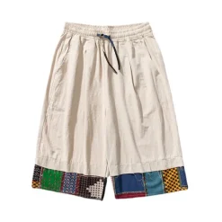 Discount OUKU Men's Linen Shorts Capri Pants Patchwork Drawstring Elastic Waist Plain Comfort Breathable Outdoor Daily Going out Linen / Cotton Blend Fashion Casual Black Dark Blue