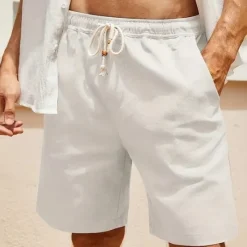 Best OUKU Men's Linen Shorts Summer Shorts Beach Shorts Pocket Drawstring Elastic Waist Plain Comfort Breathable Short Holiday Vacation Beach Hawaiian Boho ArmyGreen White