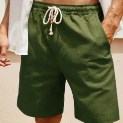 Best OUKU Men's Linen Shorts Summer Shorts Beach Shorts Pocket Drawstring Elastic Waist Plain Comfort Breathable Short Holiday Vacation Beach Hawaiian Boho ArmyGreen White