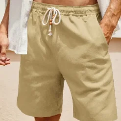 Best OUKU Men's Linen Shorts Summer Shorts Beach Shorts Pocket Drawstring Elastic Waist Plain Comfort Breathable Short Holiday Vacation Beach Hawaiian Boho ArmyGreen White