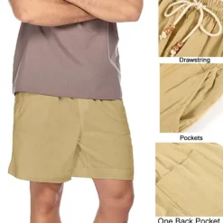 Best OUKU Men's Linen Shorts Summer Shorts Beach Shorts Pocket Drawstring Elastic Waist Plain Comfort Breathable Short Holiday Vacation Beach Hawaiian Boho ArmyGreen White