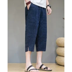 OUKU Men's Linen Shorts Summer Shorts Capri Pants Plain Comfort Breathable Outdoor Daily Going out Linen / Cotton Blend Fashion Casual Black Dark Blue