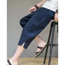 OUKU Men's Linen Shorts Summer Shorts Capri Pants Plain Comfort Breathable Outdoor Daily Going out Linen / Cotton Blend Fashion Casual Black Dark Blue