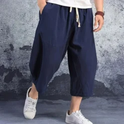 Discount OUKU Men's Linen Shorts Summer Shorts Capri Pants Pocket Drawstring Elastic Waist Plain Comfort Breathable Calf-Length Casual Holiday Going out Stylish Classic Black White