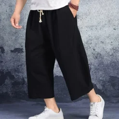 Discount OUKU Men's Linen Shorts Summer Shorts Capri Pants Pocket Drawstring Elastic Waist Plain Comfort Breathable Calf-Length Casual Holiday Going out Stylish Classic Black White