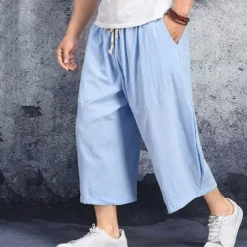 Discount OUKU Men's Linen Shorts Summer Shorts Capri Pants Pocket Drawstring Elastic Waist Plain Comfort Breathable Calf-Length Casual Holiday Going out Stylish Classic Black White