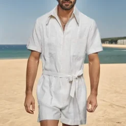 Discount OUKU Men's Linen Shorts Summer Shorts Jumpsuit Pocket With Belt Plain Comfort Short Sports Outdoor Daily Holiday Fashion Designer White Blue