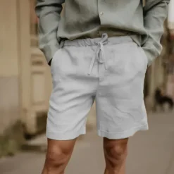 Online OUKU Men's Linen Shorts Summer Shorts Beach Shorts Pocket Drawstring Elastic Waist Plain Comfort Breathable Short Vacation Holiday Beach Hawaiian Boho Black White
