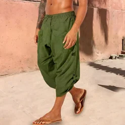 Best OUKU Men's Linen Shorts Summer Shorts Bloomers Baggy Pants Beach Shorts Elastic Drawstring Design Front Pocket Plain Comfort Soft Calf-Length Casual Daily Sports Fashion Black White