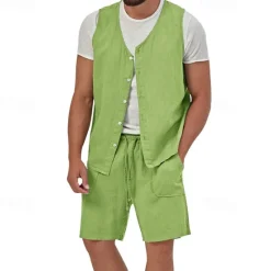 Best OUKU Men's Linen Shorts Summer Shorts Beach Shorts Set Pocket Drawstring Elastic Waist Plain Comfort Breathable Short Holiday Vacation Beach Hawaiian Boho Black Yellow