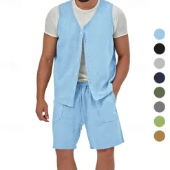 Best OUKU Men's Linen Shorts Summer Shorts Beach Shorts Set Pocket Drawstring Elastic Waist Plain Comfort Breathable Short Holiday Vacation Beach Hawaiian Boho Black Yellow