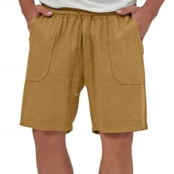 Best OUKU Men's Linen Shorts Summer Shorts Beach Shorts Set Pocket Drawstring Elastic Waist Plain Comfort Breathable Short Holiday Vacation Beach Hawaiian Boho Black Yellow