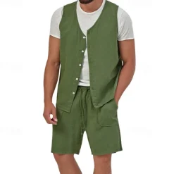 Best OUKU Men's Linen Shorts Summer Shorts Beach Shorts Set Pocket Drawstring Elastic Waist Plain Comfort Breathable Short Holiday Vacation Beach Hawaiian Boho Black Yellow