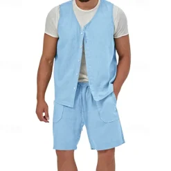 Best OUKU Men's Linen Shorts Summer Shorts Beach Shorts Set Pocket Drawstring Elastic Waist Plain Comfort Breathable Short Holiday Vacation Beach Hawaiian Boho Black Yellow