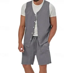 Best OUKU Men's Linen Shorts Summer Shorts Beach Shorts Set Pocket Drawstring Elastic Waist Plain Comfort Breathable Short Holiday Vacation Beach Hawaiian Boho Black Yellow
