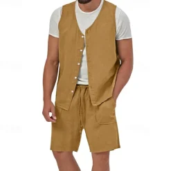 Best OUKU Men's Linen Shorts Summer Shorts Beach Shorts Set Pocket Drawstring Elastic Waist Plain Comfort Breathable Short Holiday Vacation Beach Hawaiian Boho Black Yellow