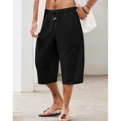 Discount OUKU Men's Linen Shorts Summer Shorts Beach Shorts Pocket Drawstring Elastic Waist Plain Comfort Breathable Calf-Length Holiday Vacation Beach Hawaiian Boho Dark Khaki Black